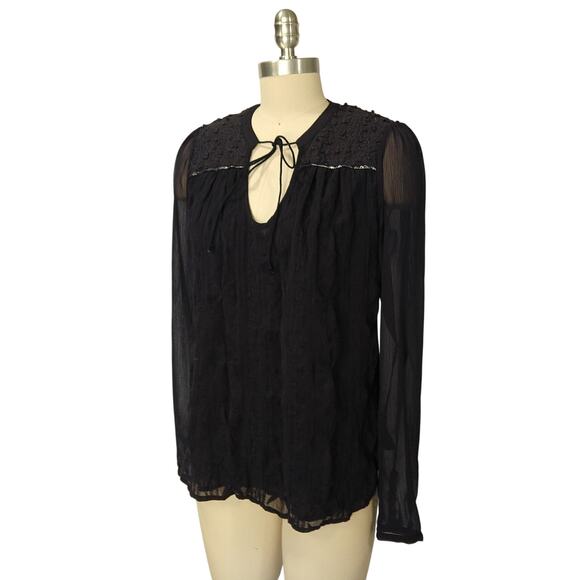 Anthropologie Tiny Paix Split Neck Embroidered Top Size S Navy Blue Long Sleeve - Picture 5 of 8